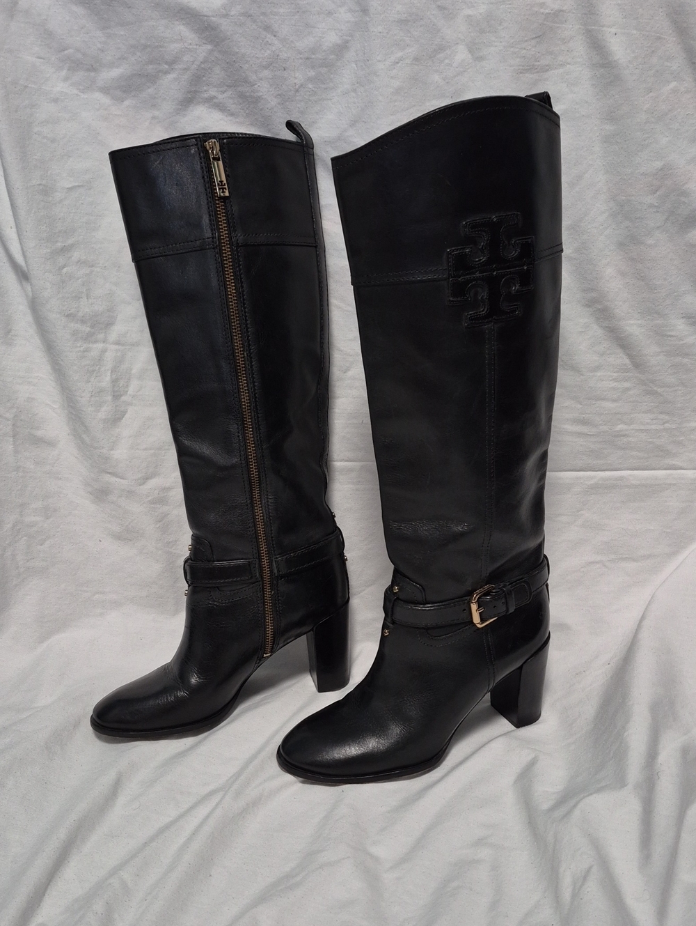 Tory Burch Black Leather Knee-High Heeled Boots with Logo 8M